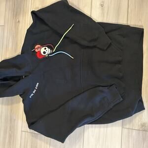 Sue Tsai Black Hoodie M Skull Heart Rainbow Drawstrings “Living Your Dreams”